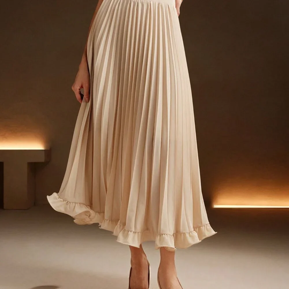Apricot Elegant Women's Color Pleated Woven Ruffle Hem Skirt - Picture 6 of 7